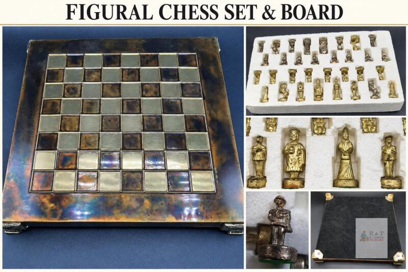 Medieval-Style Figural Chess Set with Decorative 8.5-Inch Board Pieces approximately 1.5 inches, with green felt bases and a fitted storage tray.