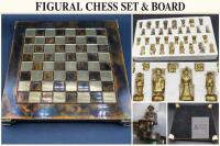 Medieval-Style Figural Chess Set with Decorative 8.5-Inch Board Pieces approximately 1.5 inches, with green felt bases and a fitted storage tray.