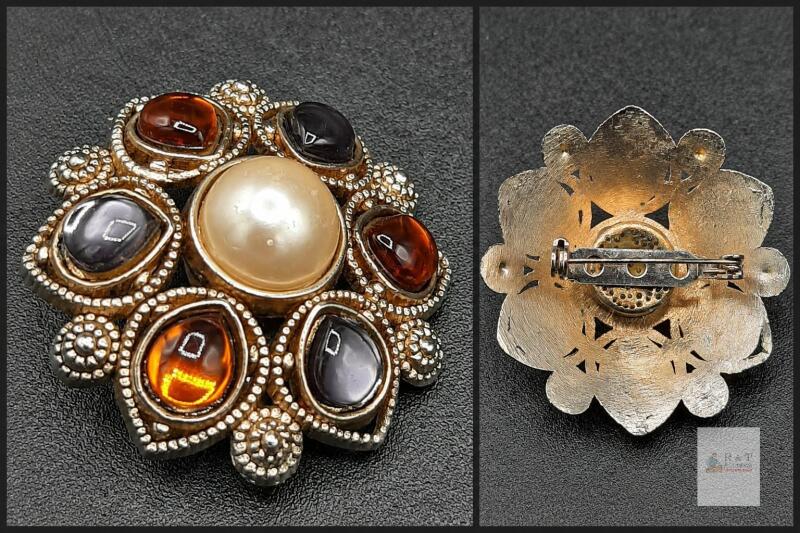 Vintage Ornate Floral Brooch with Pearl-Effect Centre & Amber/Purple-Coloured Cabochons