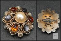 Vintage Ornate Floral Brooch with Pearl-Effect Centre & Amber/Purple-Coloured Cabochons