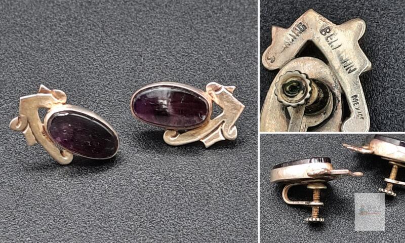 Mexican Sterling-Marked Purple Cabochon Screw-Back Earrings