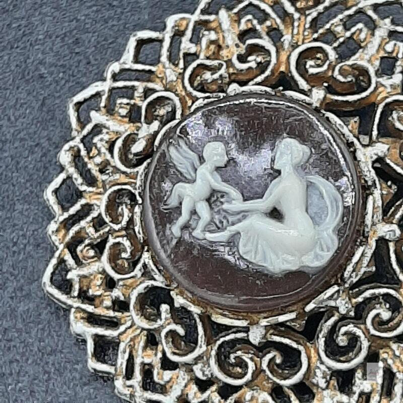 Woman & Cupid Cameo-Style Brooch &ndash; Ornate Silver-Tone Openwork