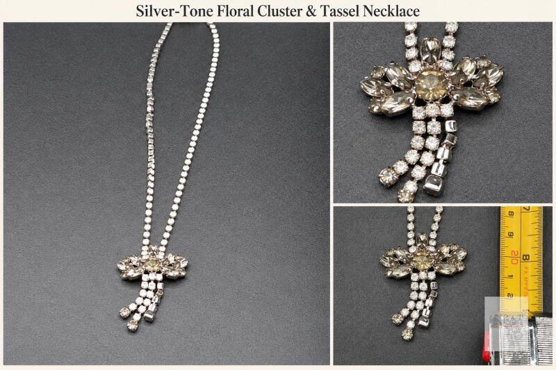 Silver-Tone Floral Cluster & Tassel Necklace Clear and smoky-coloured accents with a pale champagne-coloured centre. Maker, age and stone materials aren&rsquo;t confirmed.