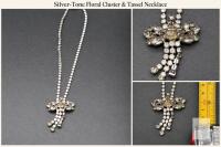 Silver-Tone Floral Cluster & Tassel Necklace Clear and smoky-coloured accents with a pale champagne-coloured centre. Maker, age and stone materials aren&rsquo;t confirmed.
