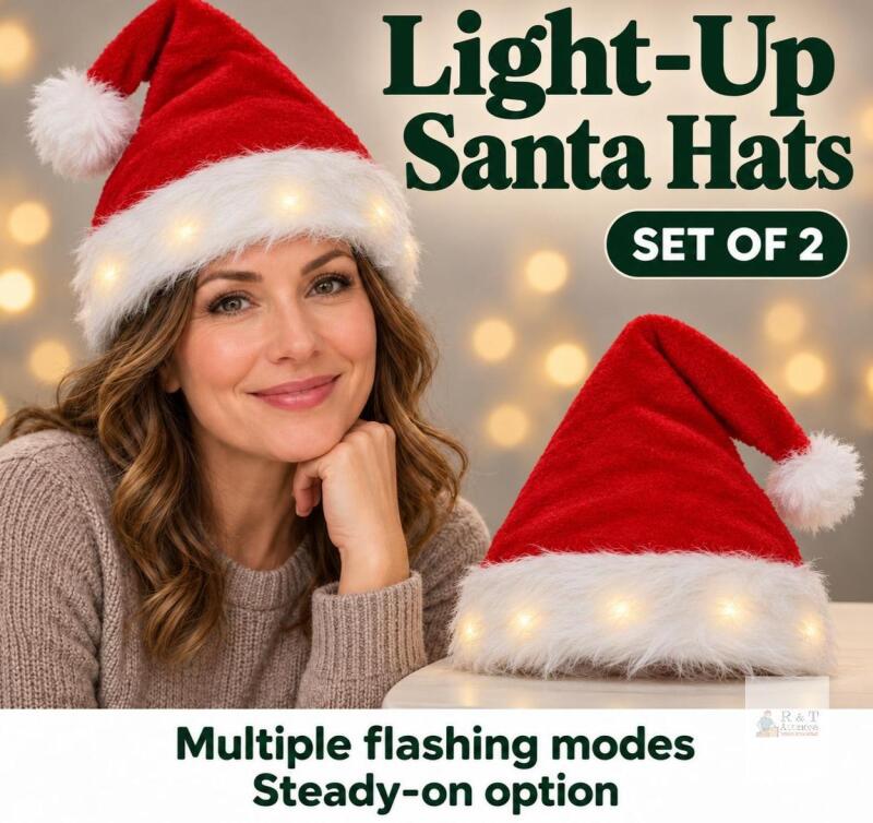 Set of 2 Light-Up Santa Hats &ndash; Multiple Flashing Modes & Steady-On Option