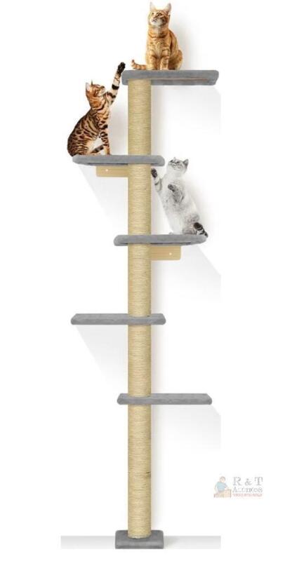 NEW PAWSCRAT 5-Tier Wall-Mounted Cat Tree, 80-Inch Solid Wood with Sisal Posts