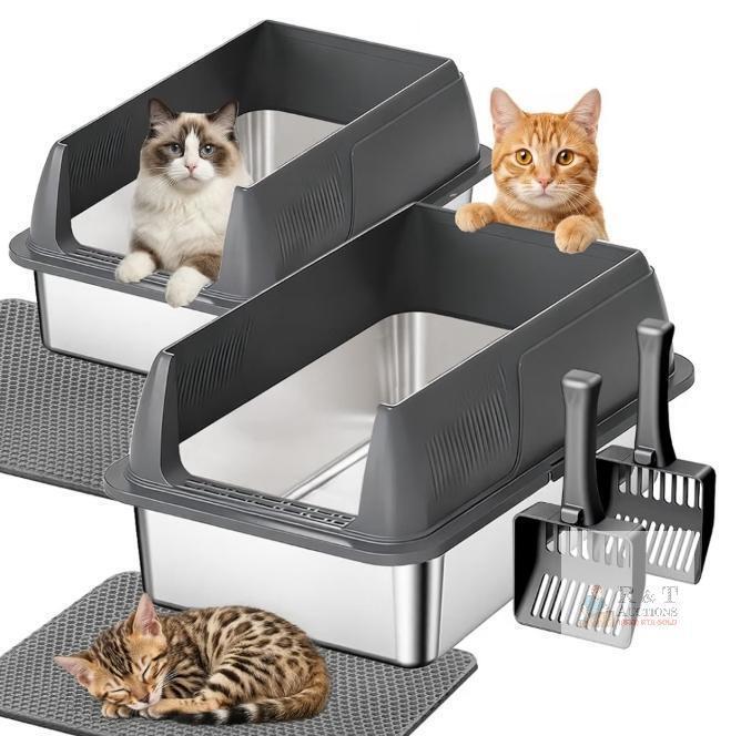 NEW Gimars 2-Pack XL Stainless Steel Cat Litter Boxes with High Sides and Accessories