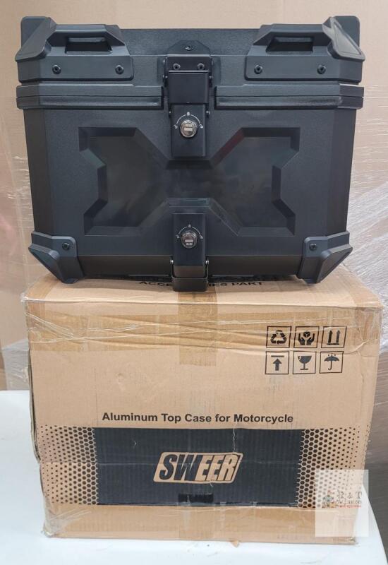 New - SWEER 45L Aluminum Top Case for Motorcycle , Black . Includes : 2 Keys , Reflective Stickers & Bracket Hardware