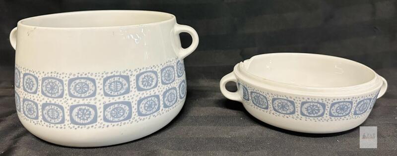 R&ouml;rstrand Sigill Scandinavian Porcelain Casserole Bowls, Blue Pattern, Set of 2, Sweden