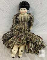 Antique China Head Doll, 14" Porcelain Limbs, Calico Dress, Black Molded Hair, c.1880&ndash;1920 Germany
