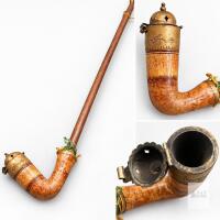 Long-Stem Smoking Pipe with Ornate Hinged Metal Lid