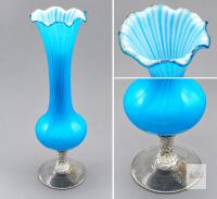 Turquoise-Blue Ruffled-Rim Vase with Clear Twisted Stem- residue on bottom- could use cleaning