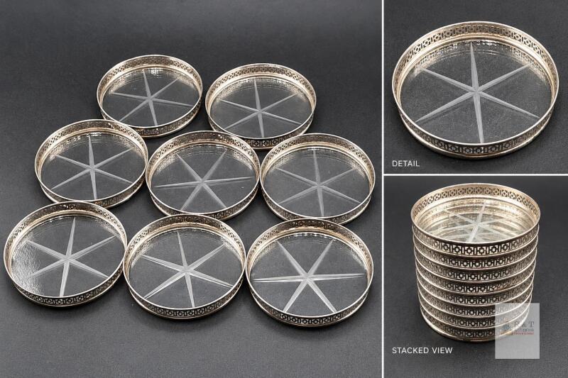 Set of 8 Star-Pattern Glass Coasters with Pierced Silver-Tone Rims- MCM -