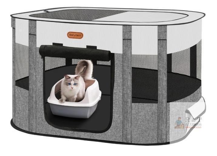 NEW Seiyierr Foldable Pet Playpen, 29.5" x 22.8" x 16.5", Grey & White, with Carry Case