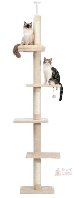 NEW PAWZ Road 5-Tier Adjustable Floor to Ceiling Cat Tree, 95-107 in, Beige, Scratching Posts, Toy