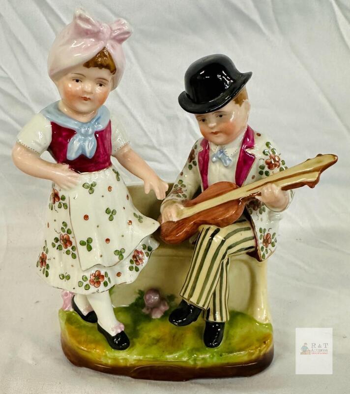 Vintage Ceramic Planter Figurine &ndash; Boy with Instrument & Girl in Dress, Hand-Painted, Mid-20th Century