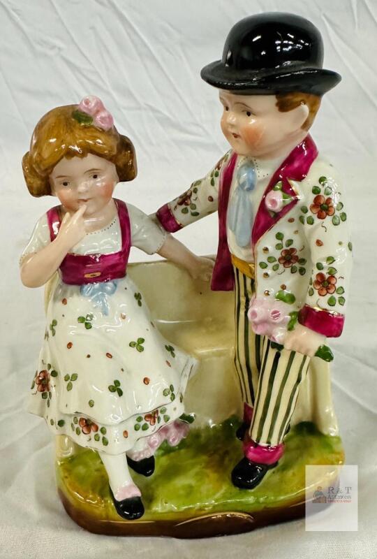 Porcelain Boy & Girl Figurine Planter, Floral Accents, Gloss Glaze, c. 1940s-60s, 8" Tall Estimate