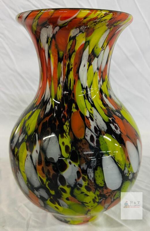 Hand-Blown Art Glass Vase &ndash; 10" Tall, Multicolor Abstract Design