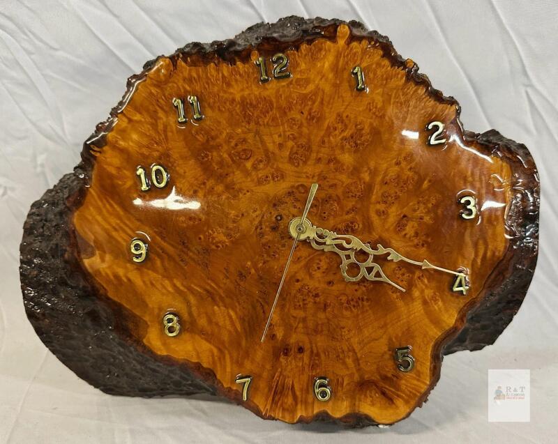 Live-Edge Burl Wood Wall/Mantel Clock with Quartz Movement and Brass Accents