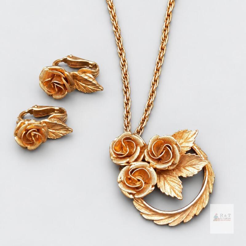Vintage Gold-Tone Rose Necklace & Clip-On Earring Set, Textured Leaf Motif, 16&ndash;18" Chain