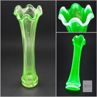 Green Glass Bud Vase with Ruffled Rim &ndash; Glows Under Black Light approx 9.5"