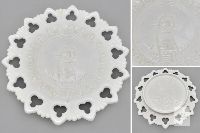 Milk Glass Columbus Portrait Plate with Pierced Rim Condition: A little dirty; would benefit from gentle cleaning.