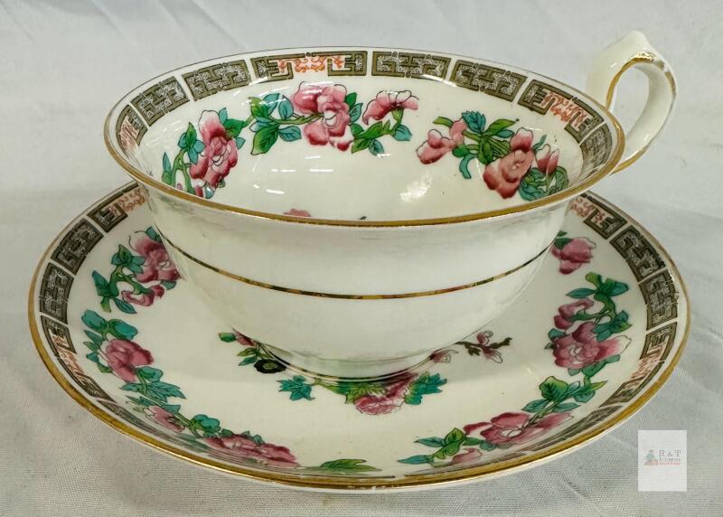 Tuscan China England Teacup & Saucer, Rose Medallion Floral, Gold Trim, c.1936-1947, Bone China