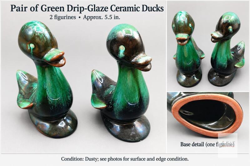 Pair of Green & Black Pottery Duck Figurines, Attributed to Blue Mountain Pottery, Approx. 5&frac12; Inches