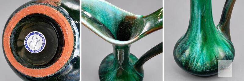 12-inch Blue Mountain Pottery Green & Black Handled Vase