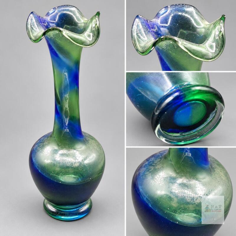 Blue & Green Swirl Glass Bud Vase with Ruffled Rim- could use cleaning
