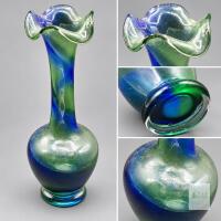 Blue & Green Swirl Glass Bud Vase with Ruffled Rim- could use cleaning