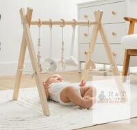 new Comfy Cubs Wooden Baby Play Gym with 5 Sensory Hanging Toys, Natural Finish