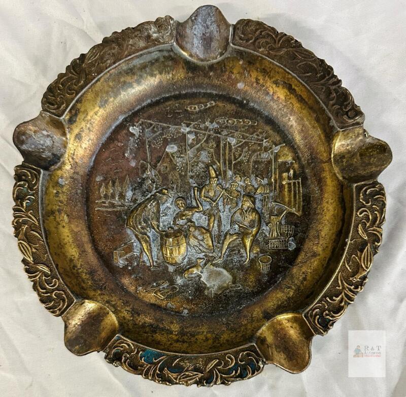 Vintage Brass Ashtray &ndash; Hand-Engraved 8" Festival Scene, 6 Slots, Ornate Floral Border
