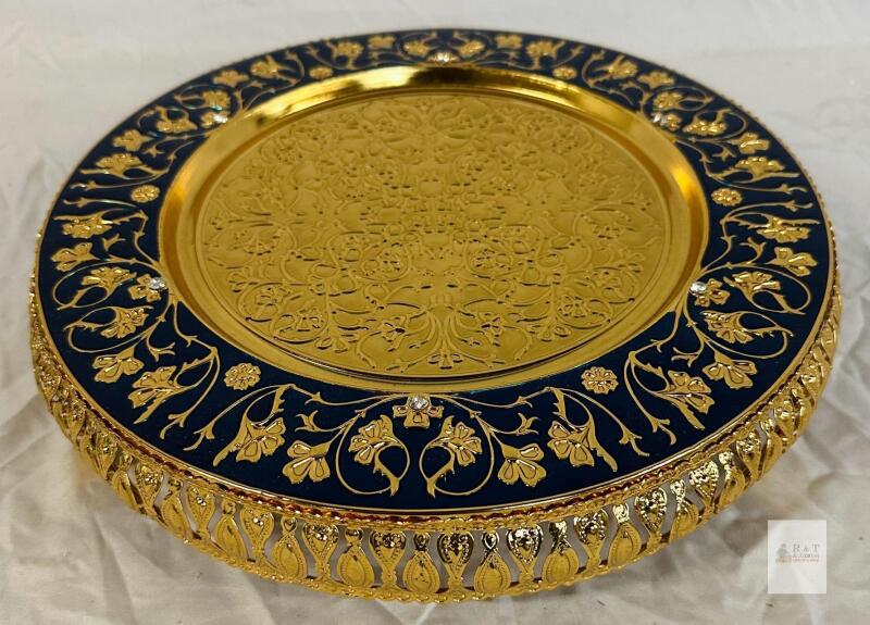 Ornate Brass Serving Tray with Blue Enamel Floral Design,12.5" Diameter