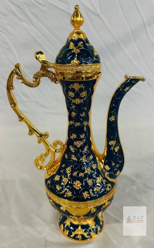 Blue and Gold Enamel Arabic Dallah Coffee Pot, Ornate Floral Design, 12in, Hands-in-Cup Mark