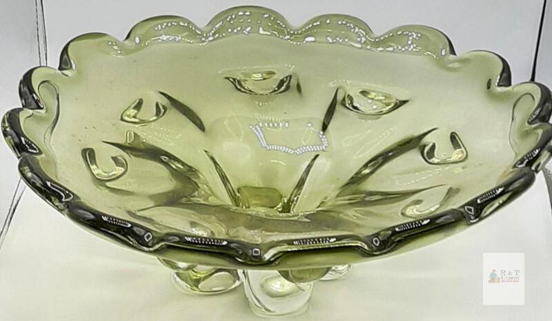 Mid-Century Olive Green Hand-Blown Art Glass Footed Centerpiece Bowl, 13" Ruffled Edge