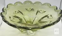 Mid-Century Olive Green Hand-Blown Art Glass Footed Centerpiece Bowl, 13" Ruffled Edge