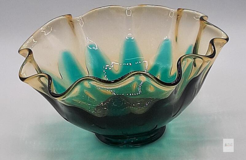 Turquoise Art Glass Bowl, Ruffled Rim, Crimped Edge, 7" Diameter, Hand-Blown