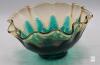 Turquoise Art Glass Bowl, Ruffled Rim, Crimped Edge, 7" Diameter, Hand-Blown