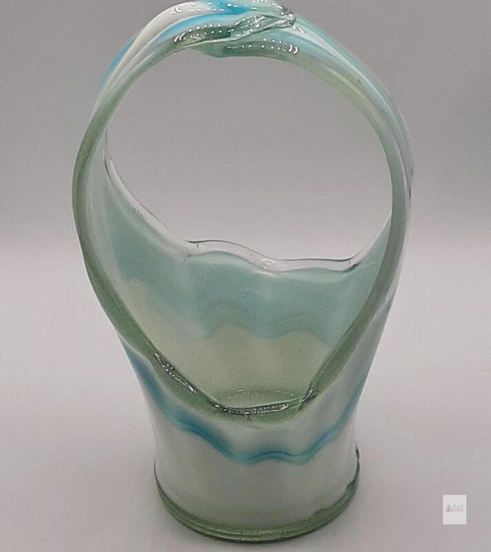 Hand-Blown Art Glass Freeform Basket Vase, Blue & White Swirl, Pulled Handle