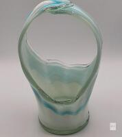 Hand-Blown Art Glass Freeform Basket Vase, Blue & White Swirl, Pulled Handle