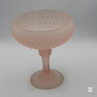 Vintage Pink Frosted Pressed Glass Diamond Point Compote, Pedestal Candy Dish