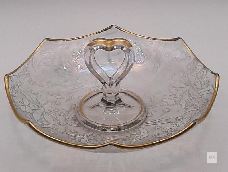 Vintage Fostoria Style Heart Handle Etched Glass Serving Tray, Gold Rim, Floral Pattern, 7" Diameter