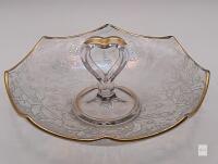 Vintage Fostoria Style Heart Handle Etched Glass Serving Tray, Gold Rim, Floral Pattern, 7" Diameter