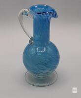 Hand-Blown Blue Glass Pitcher, Swirl Pattern, Clear Handle, 6.5 in Tall Art Glass Vase