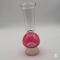 Hand-Blown Art Glass Vase, Pink Bulbous Base, Ruffled Rim, Clear Neck, Approx. 9" Tall