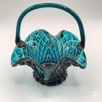 Vintage Indiana Glass Diamond Point Blue and Black Pressed Glass Basket with Ruffled Rim