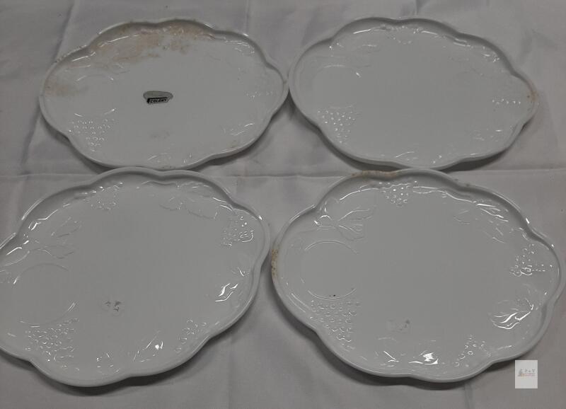 Colony Porcelain Dessert Plates, Embossed Fruit Design, Set of 4, 8.25" Diameter-need of cleaning no chips or cracks noted