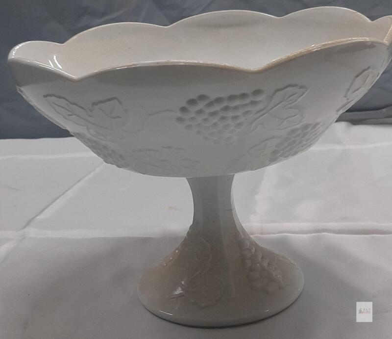 Vintage Milk Glass Footed Compote Bowl with Embossed Grape and Leaf Pattern, Scalloped Rim- need of cleaning no obvious chips or cracks