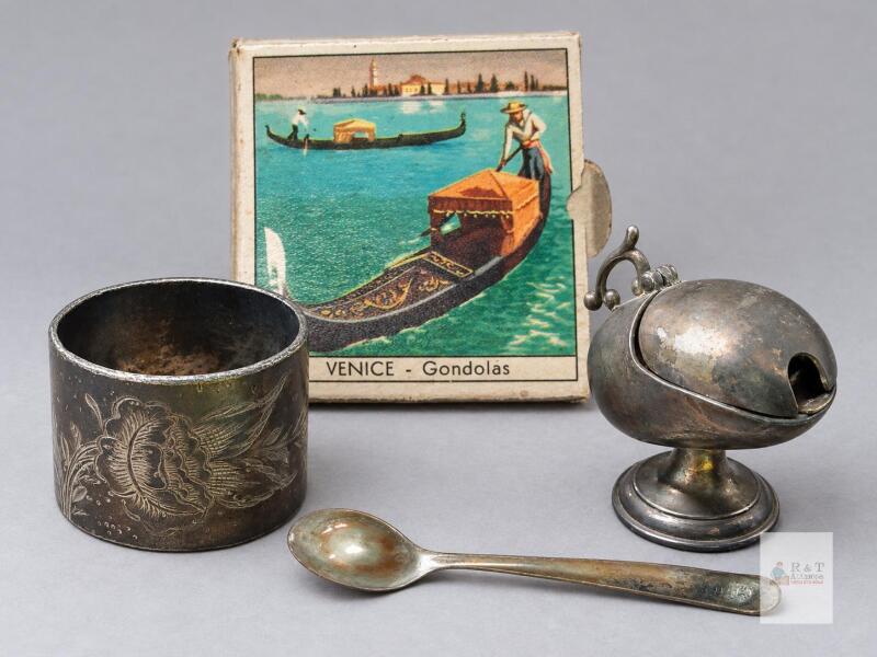 Antique Silverplate Napkin Ring & Mustard Pot with Spoon, Floral Engraving, Circa 1900- Matches in box